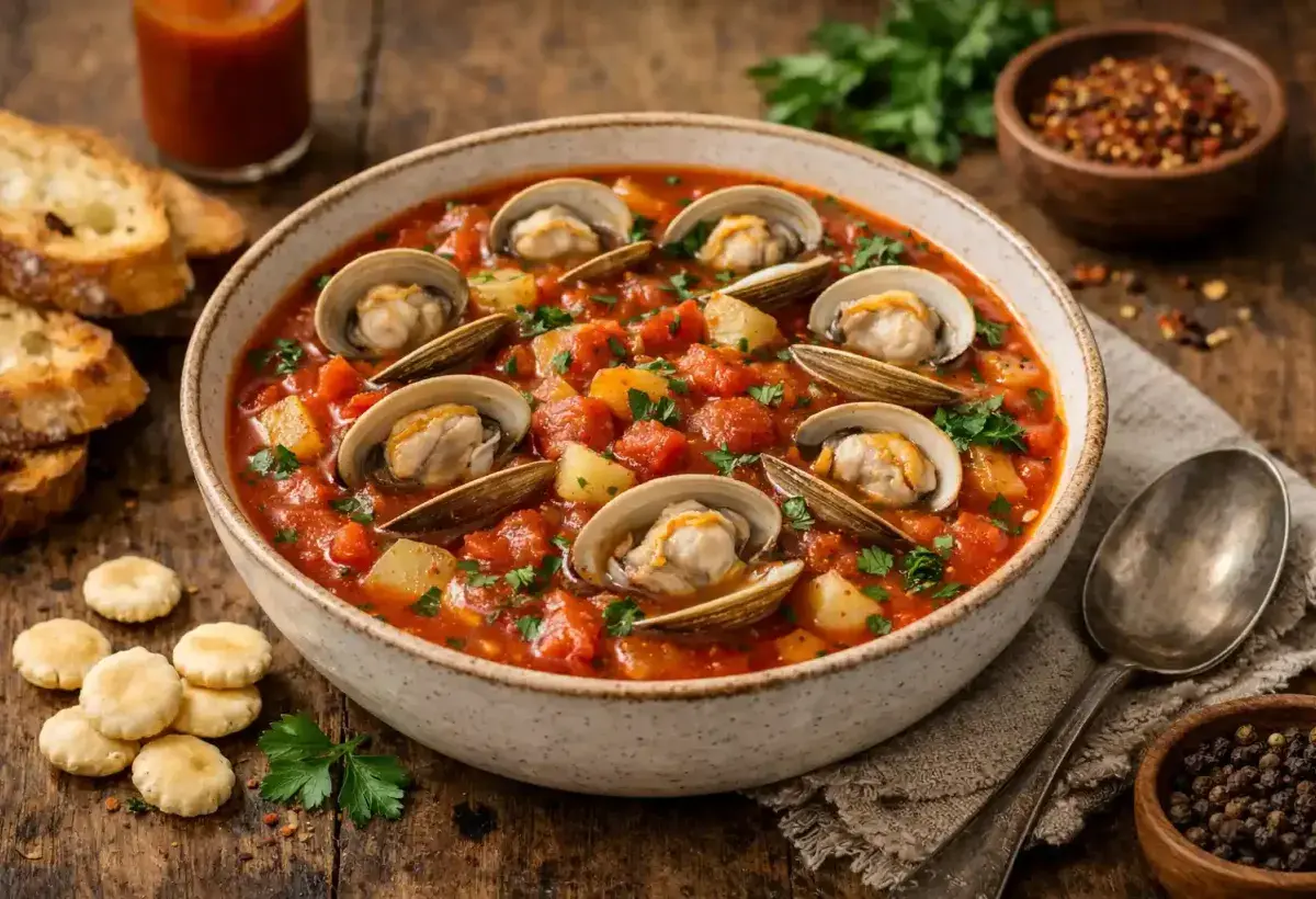 Spicy Minorcan clam chowder with tomato base and fresh herbs