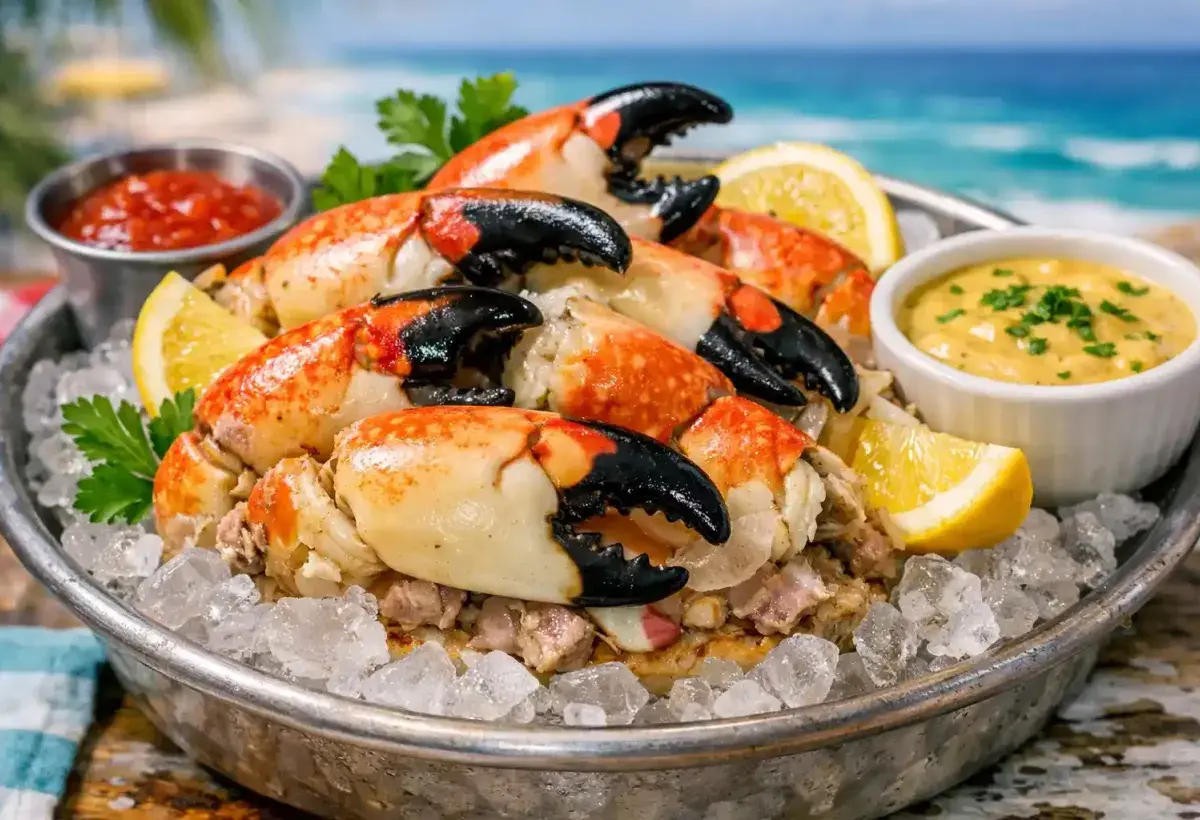 Fresh Florida stone crab claws served cold with mustard sauce