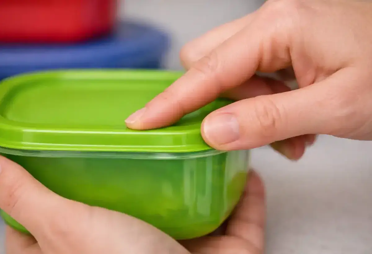 Tupperware container lid being pressed to create airtight seal