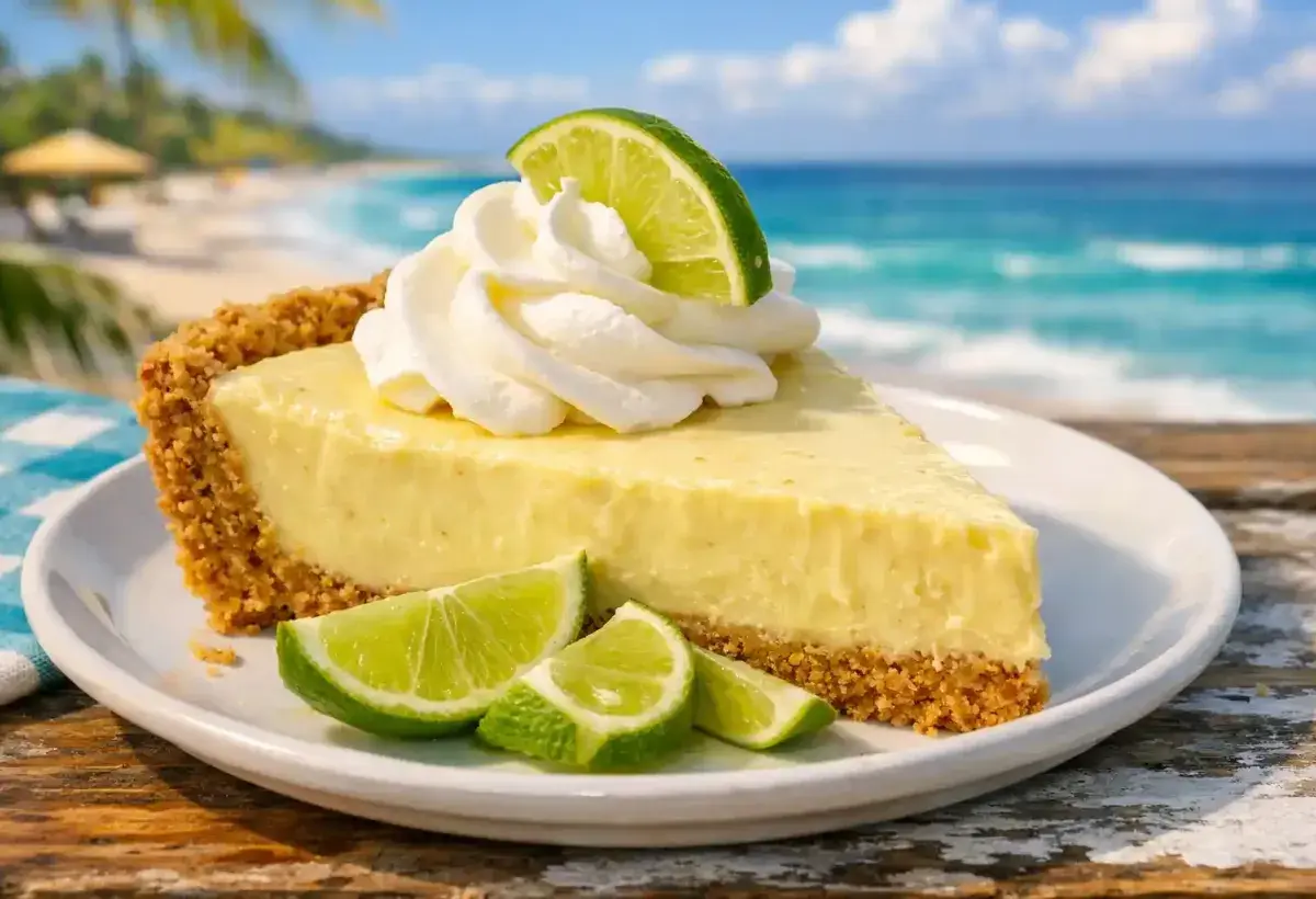 Authentic key lime pie slice with smooth citrus filling and crust
