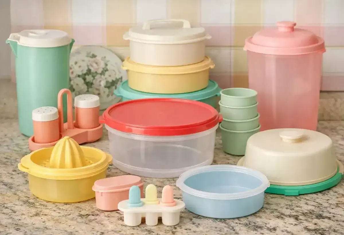 Collection of retro Tupperware in pastel shades