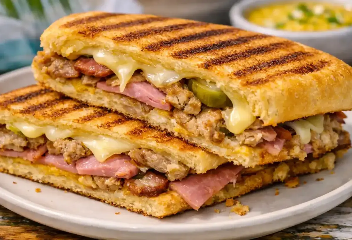 Classic Cuban sandwich with crispy bread and layered fillings