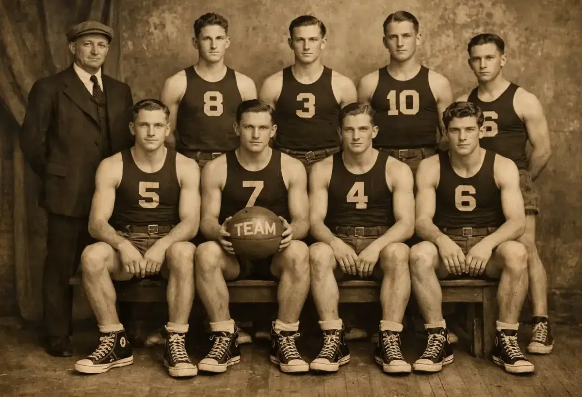Early basketball players wearing Converse