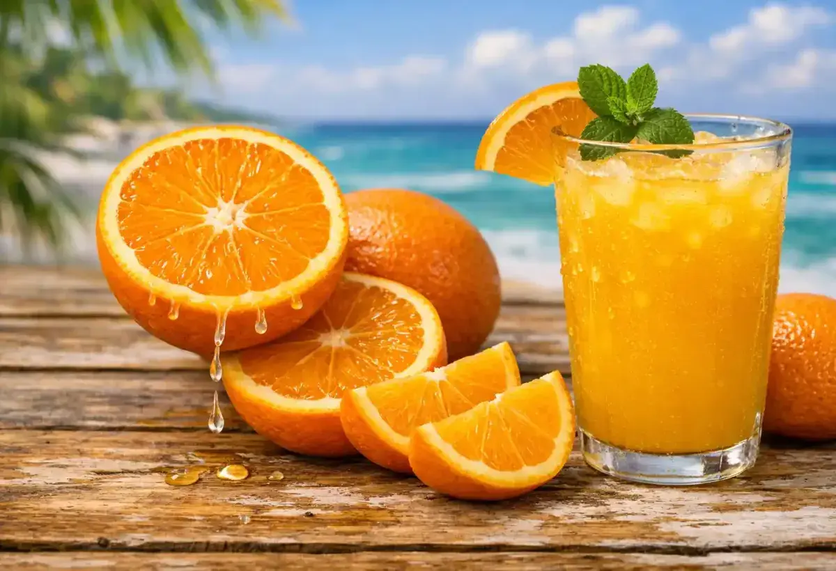 Fresh Florida oranges and glass of natural orange juice