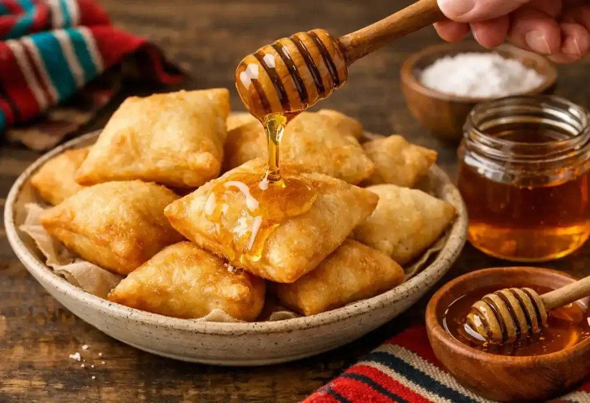 Golden sopapillas served with honey New Mexico style