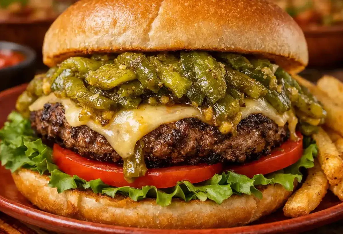 Green chile cheeseburger with roasted New Mexico chile and melted cheese