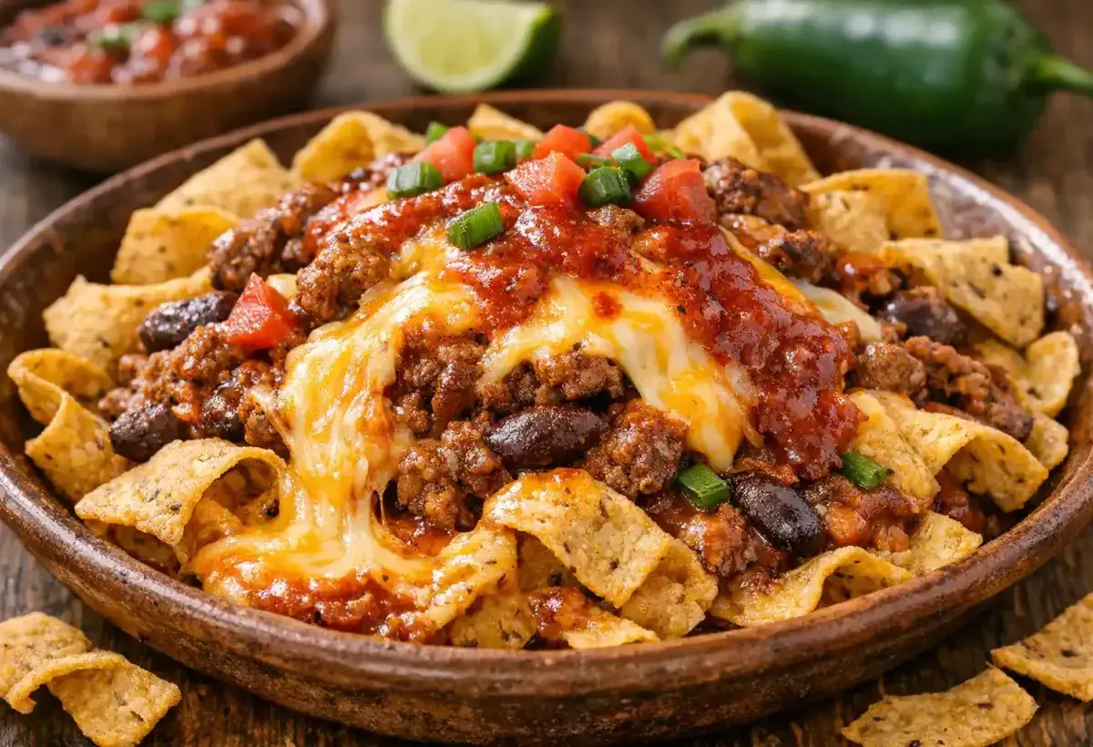 New Mexico Frito pie with chile cheese and corn chips