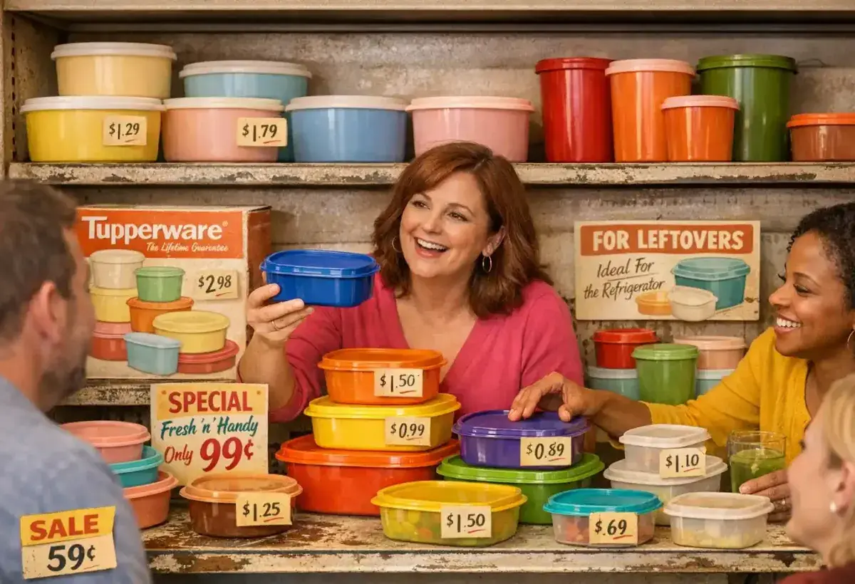 Old retail shelf displaying early plastic storage containers