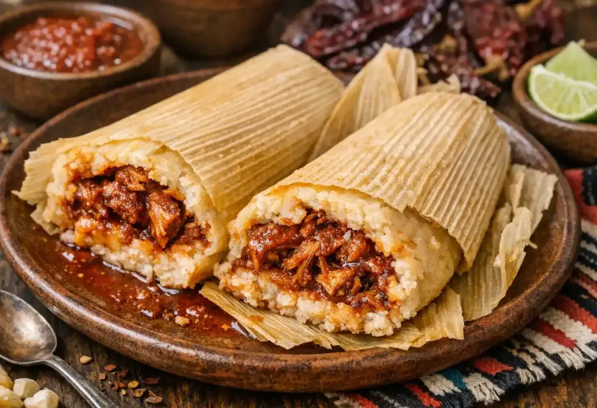 Open tamales showing filling and masa texture