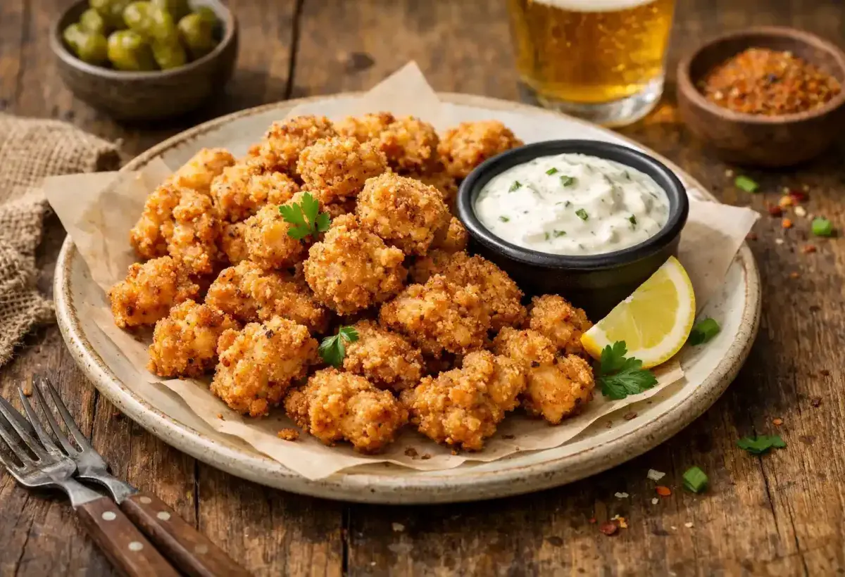 Fried alligator bites served with creamy dipping sauce