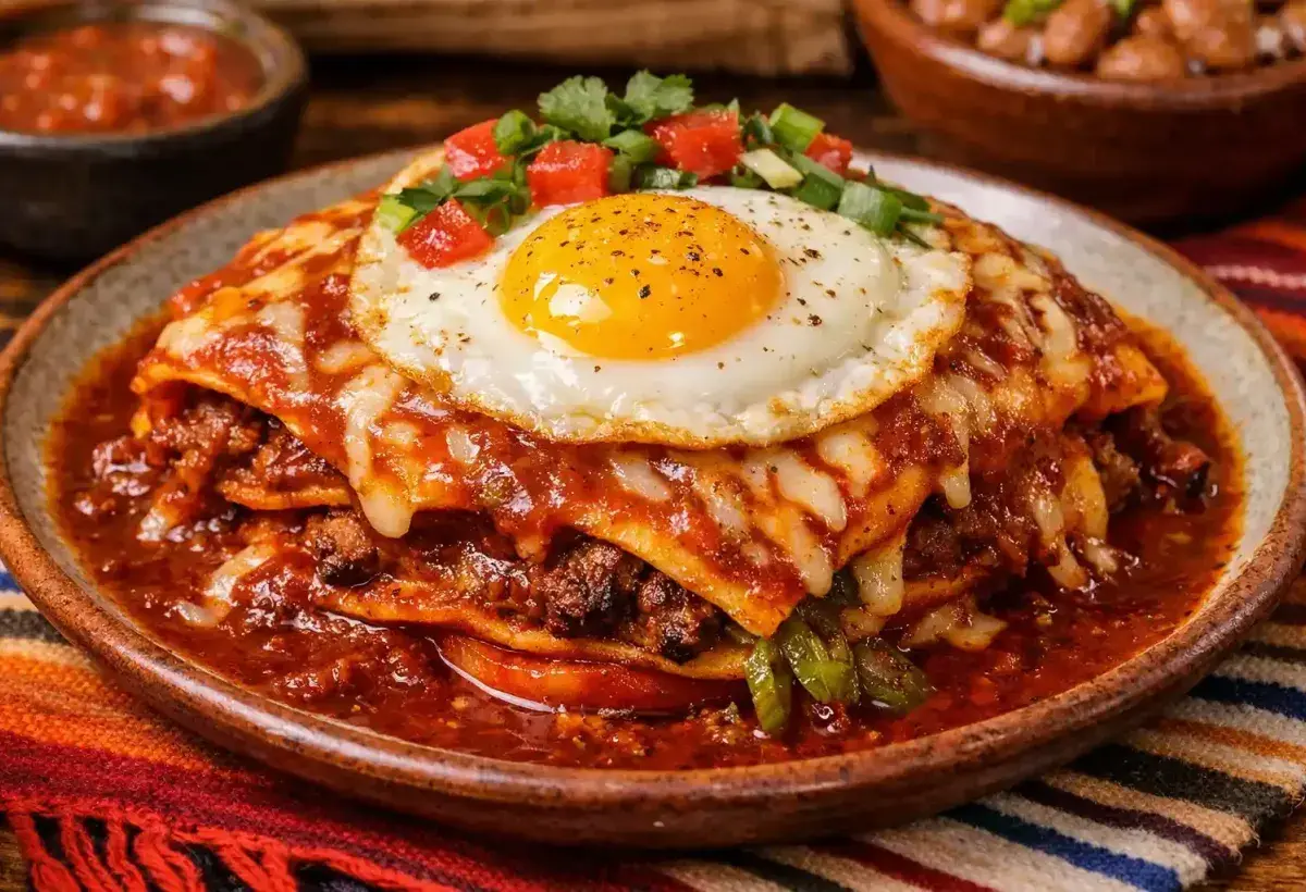 New Mexico red chile enchiladas stacked with sauce and fried egg