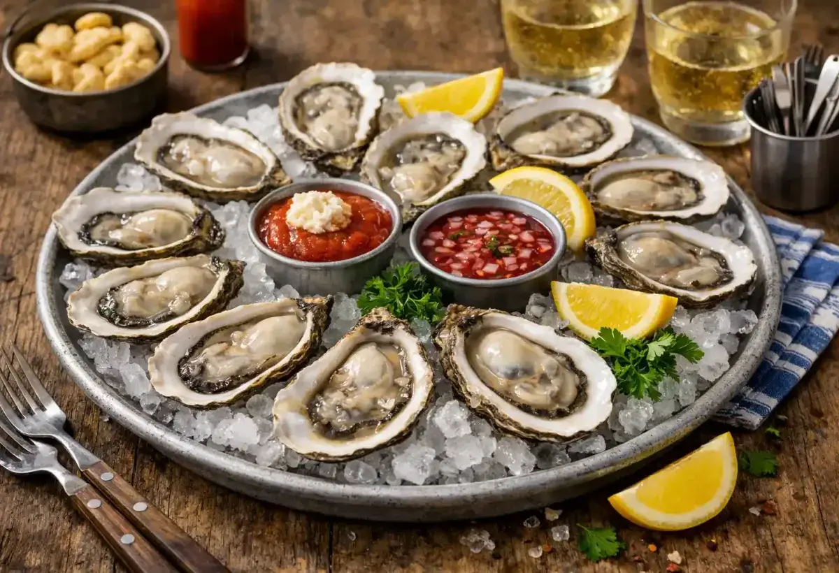 Raw Apalachicola oysters served chilled with lemon and sauce