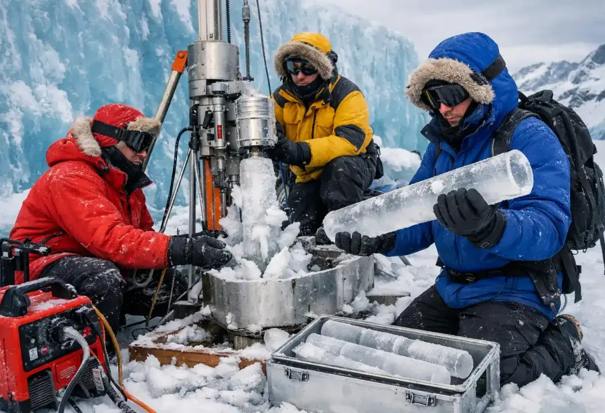 Ice core sample revealing ancient air bubbles