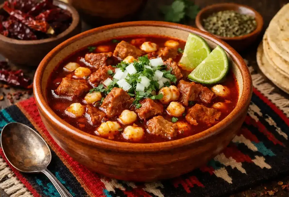Traditional New Mexico posole with hominy and chile