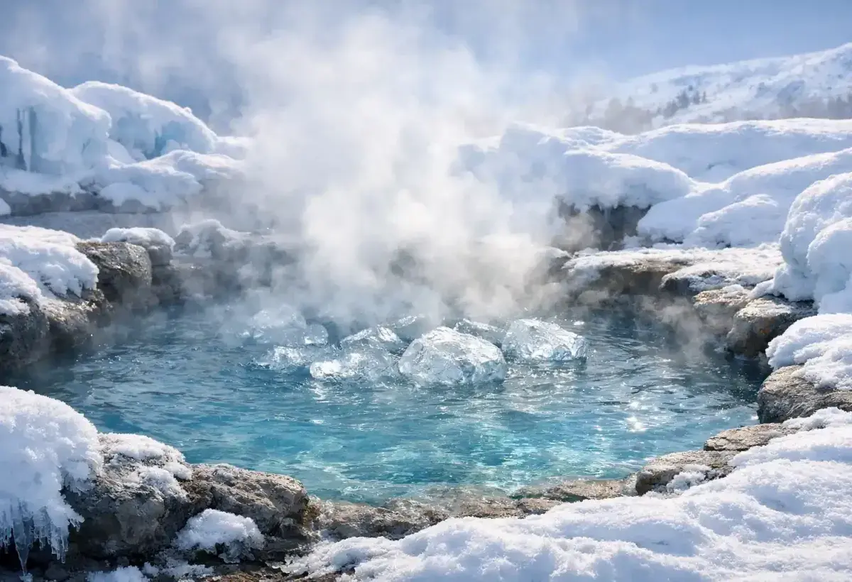 Warm water and ice existing together in nature