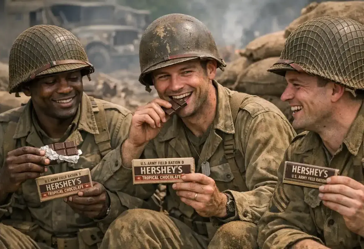 World War II soldiers with Hershey ration chocolate