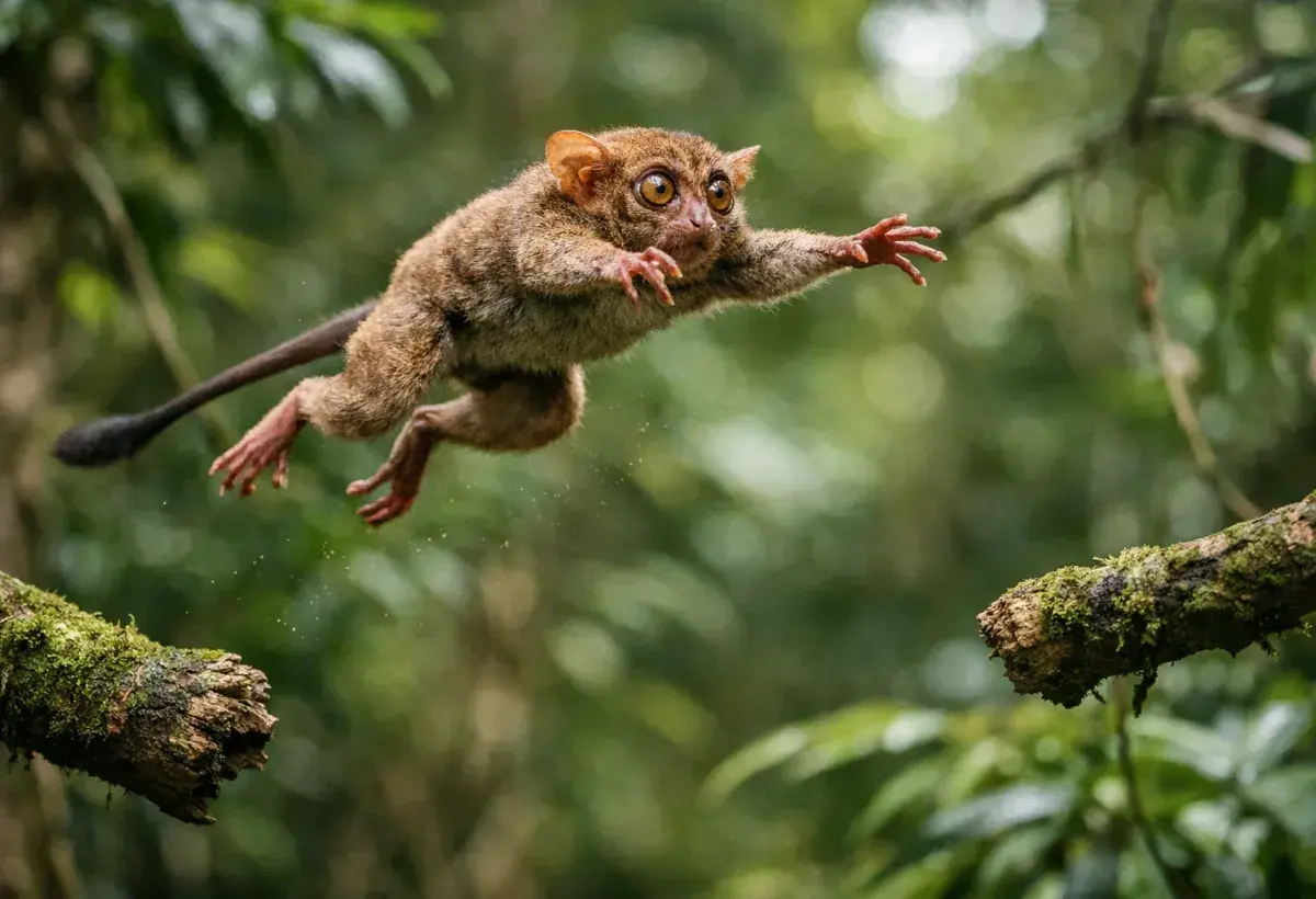 Agile tarsier leaping through tropical forest trees