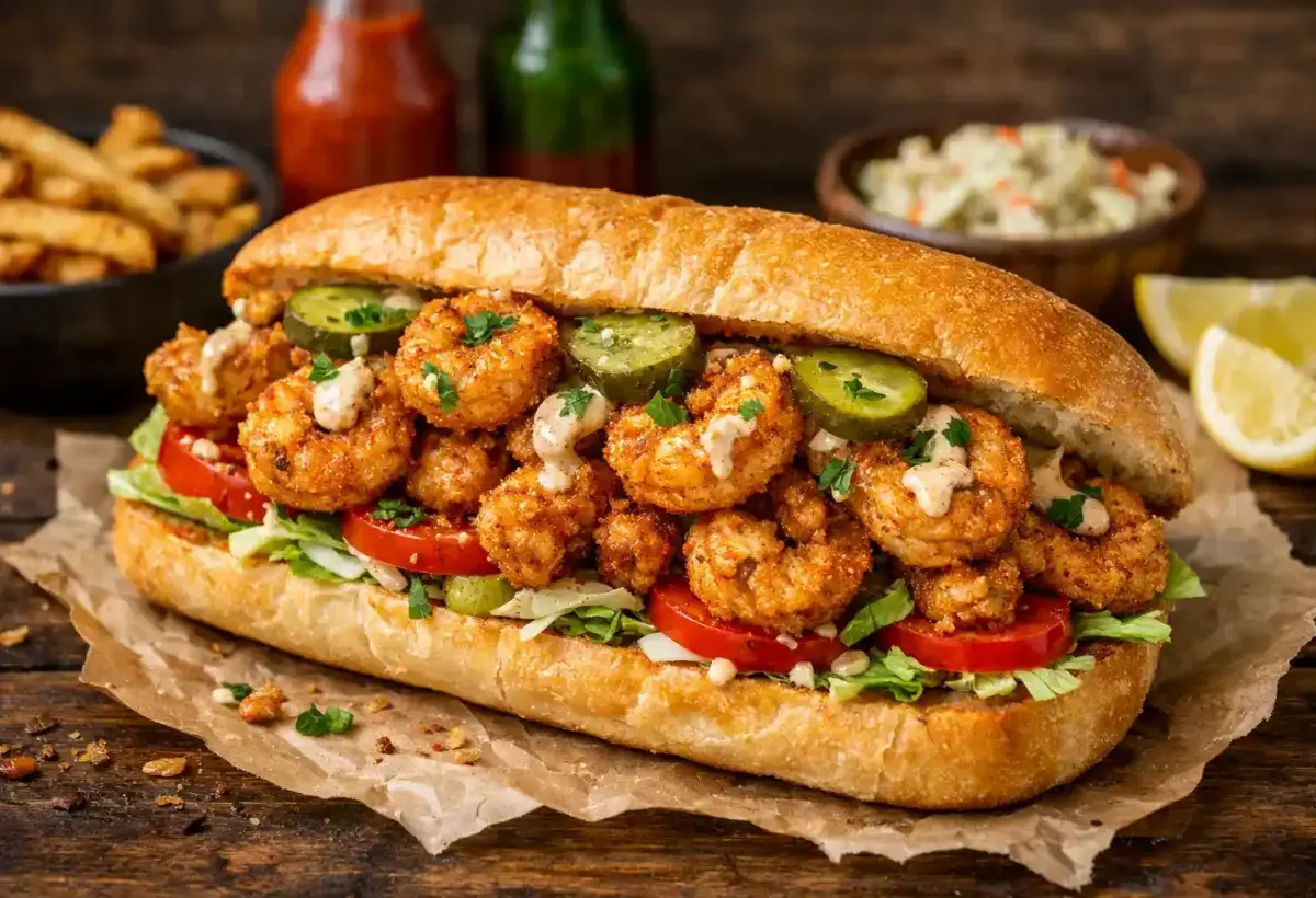 Authentic Louisiana shrimp po boy sandwich on French bread