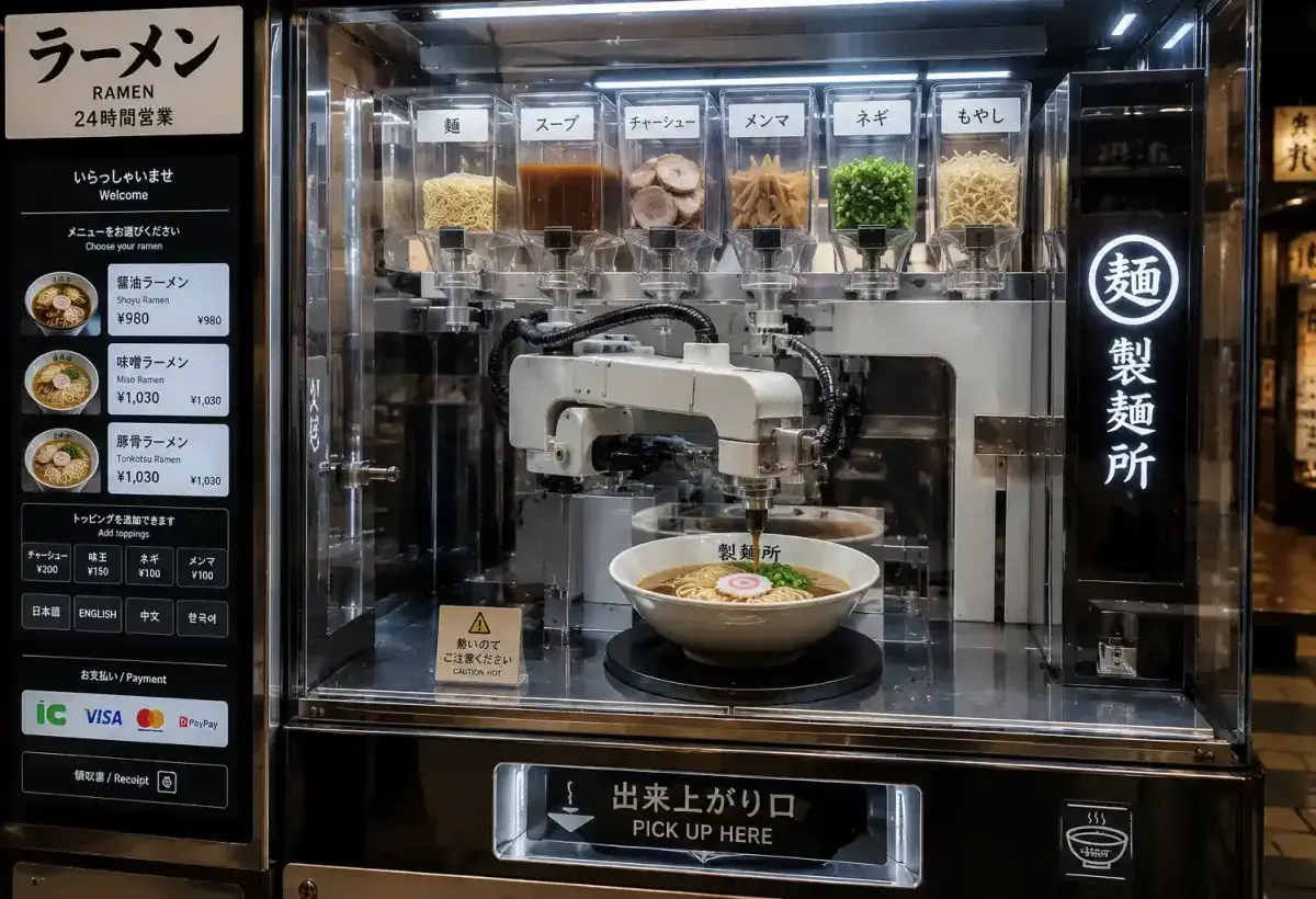 Automated ramen machine preparing noodles in modern Japanese setting