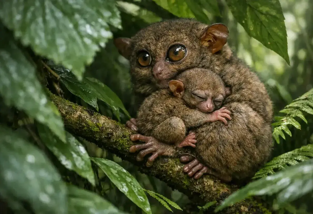 Infant tarsier holding tightly to its mother
