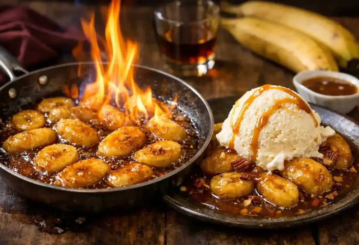 Classic New Orleans Bananas Foster dessert with caramel sauce