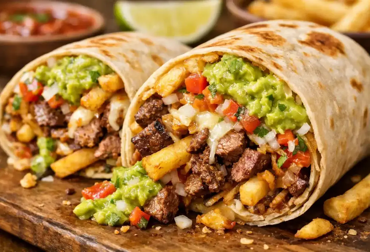 Authentic California burrito cut open with carne asada and fries inside