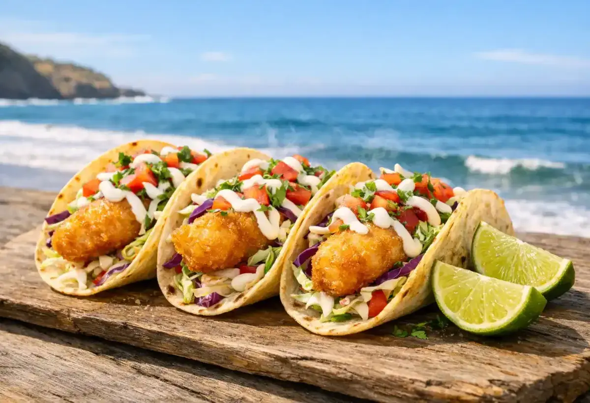Crispy California fish tacos served near the Pacific coast