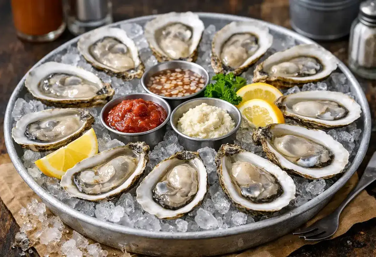 Fresh Chesapeake Bay oysters on ice with lemon wedges