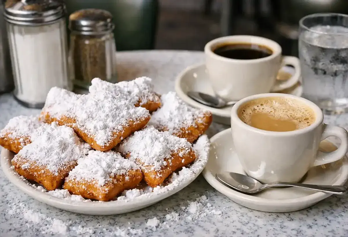 Louisiana style beignets with powdered sugar and cafe coffee