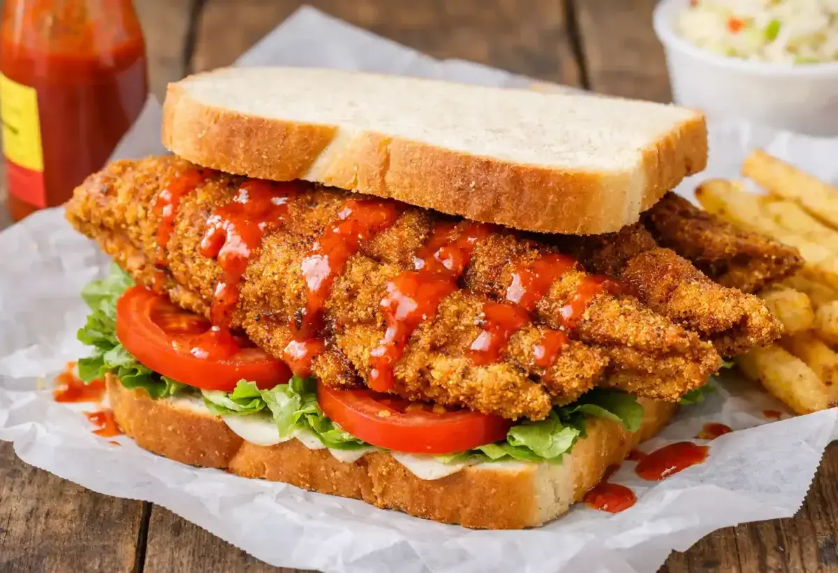 Fried lake trout sandwich with hot sauce and bread