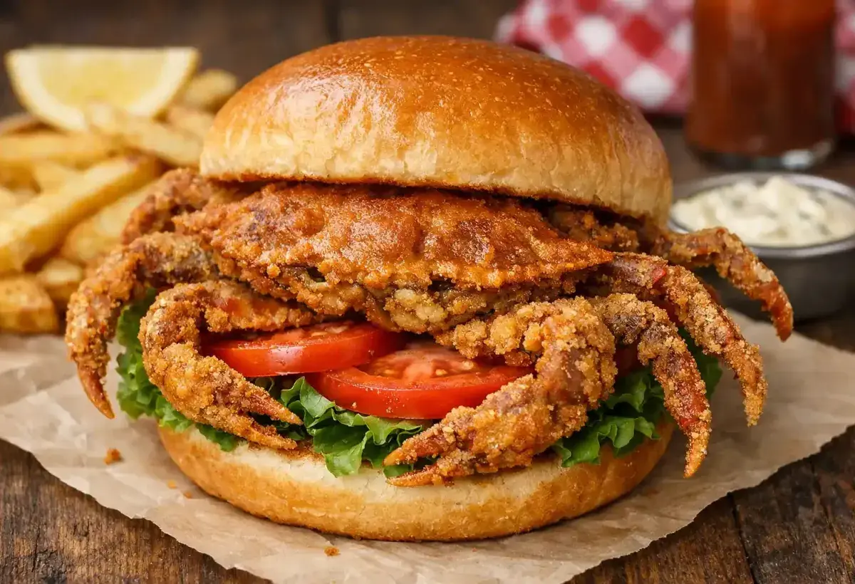Fried soft shell crab sandwich with lettuce and tomato