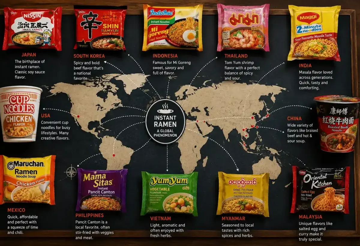 Global spread of instant ramen varieties across different cultures