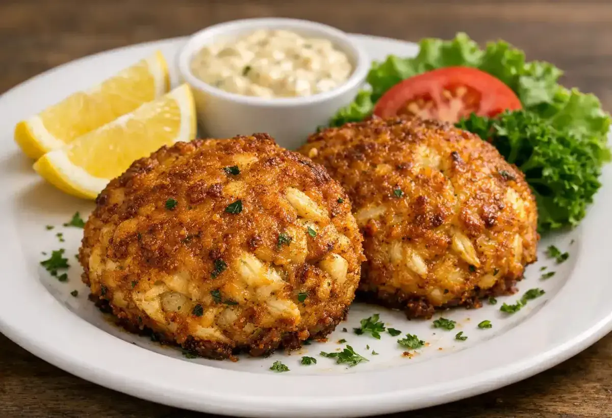 Golden brown Maryland crab cakes served with lemon and garnish