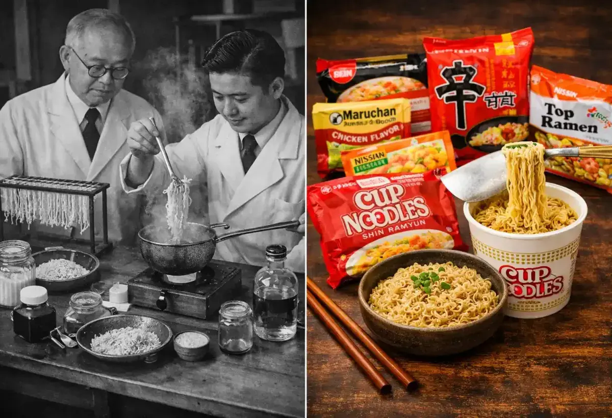 Evolution from early instant ramen invention to modern packaged noodles