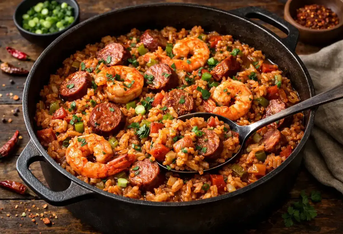 Traditional Louisiana jambalaya cooked in a cast iron pot