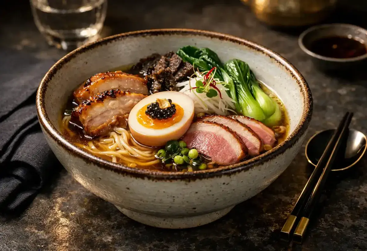 Luxury ramen bowl presented as fine dining cuisine