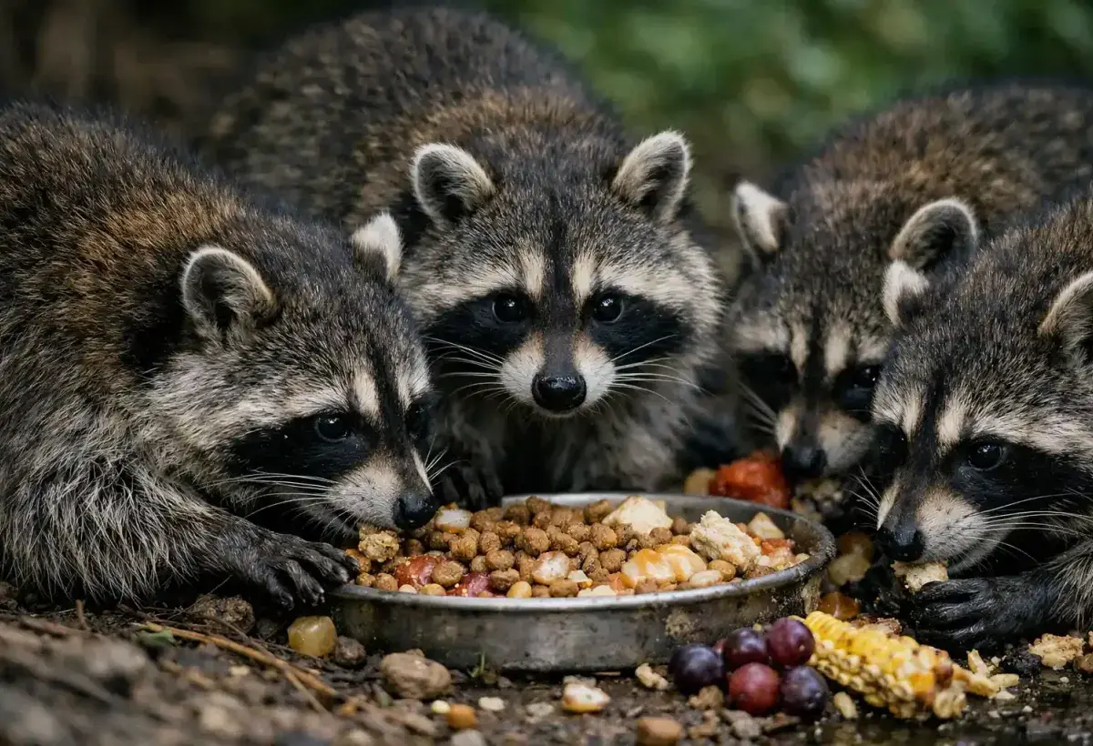Group of raccoons sharing space and interacting in the wild