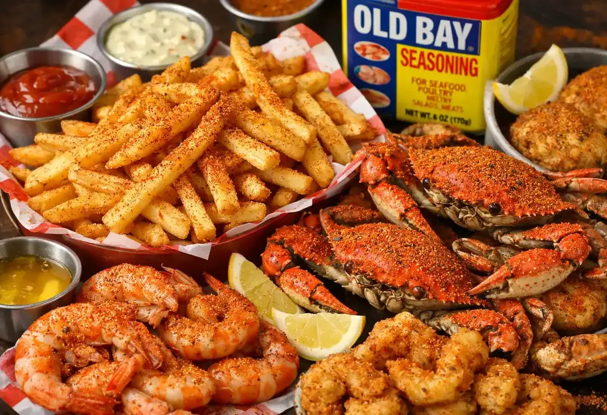 Old Bay seasoning sprinkled over fries, seafood, and snacks