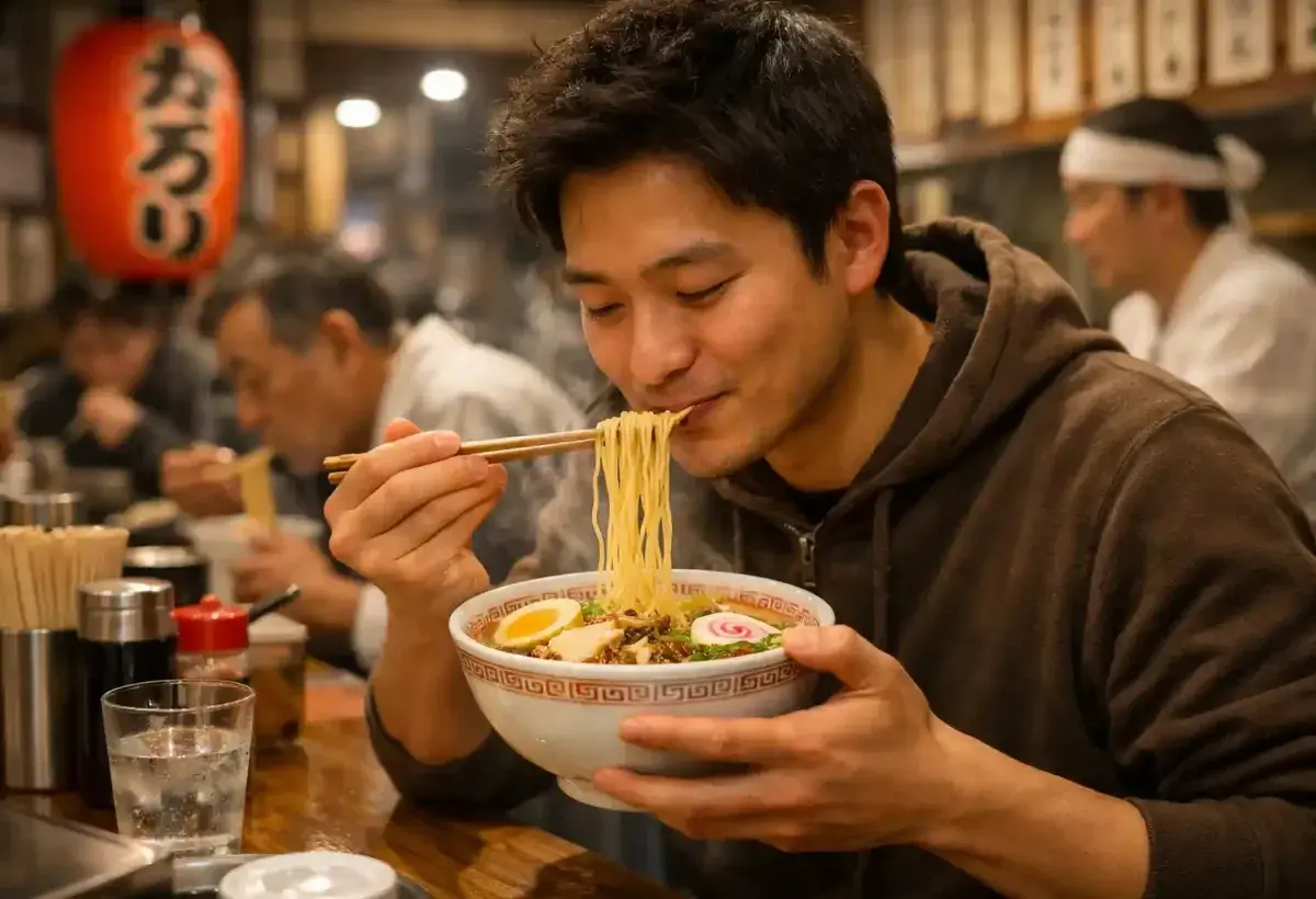 Customer eating ramen with traditional Japanese dining customs