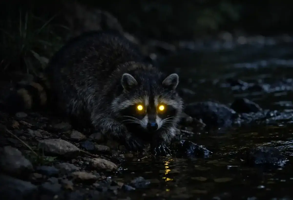 Nocturnal raccoon exploring its surroundings in the dark