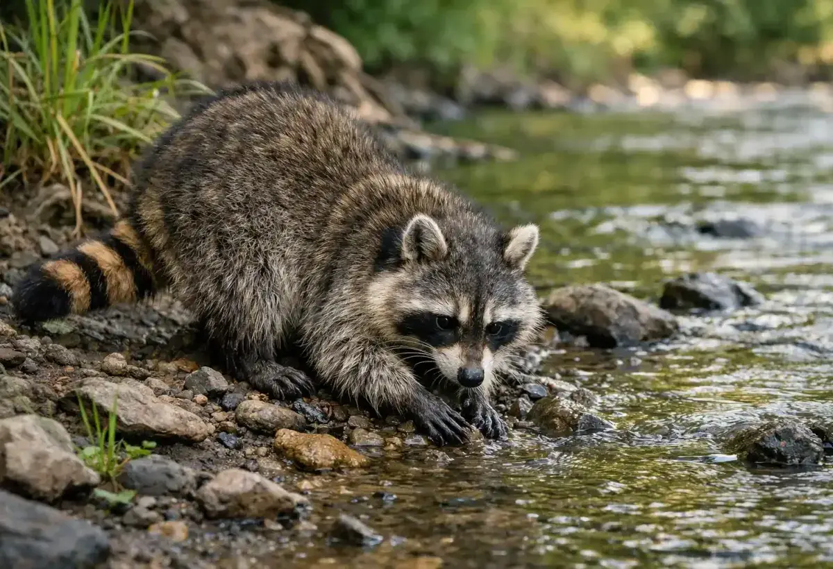 Raccoon foraging for food along a riverbank