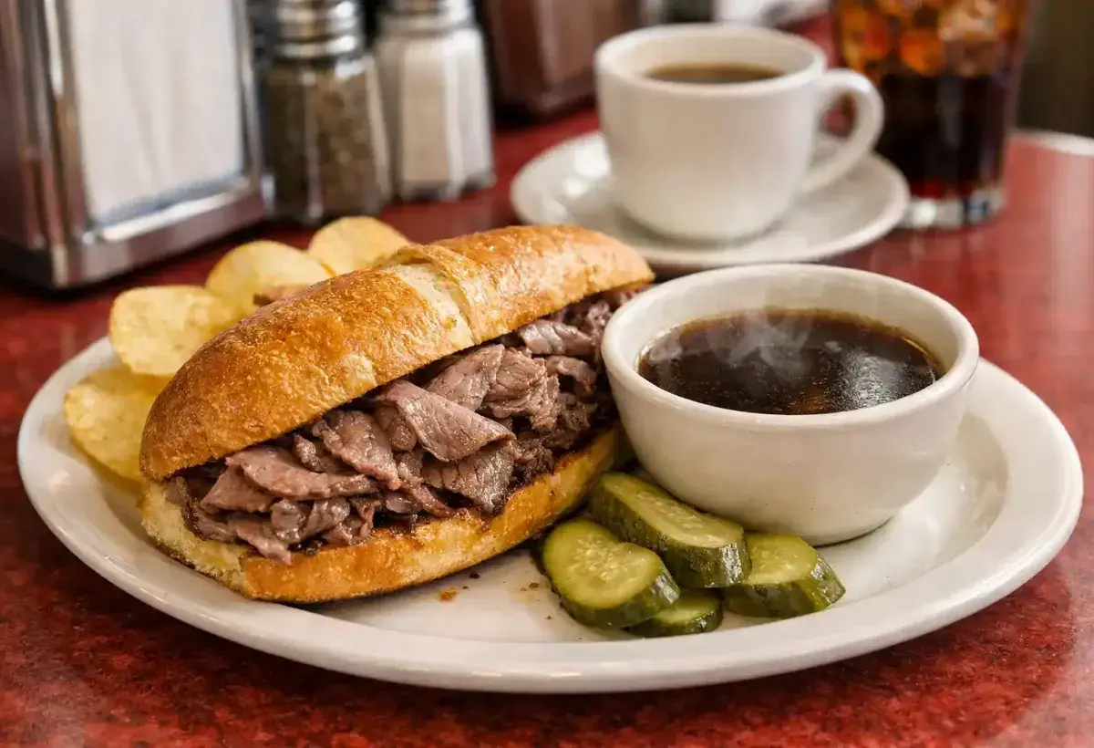 Classic Los Angeles French dip sandwich with dipping broth