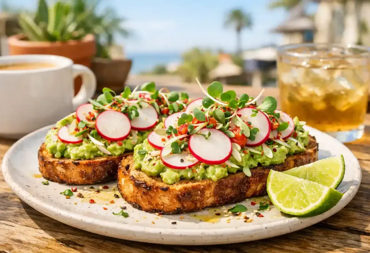 California style avocado toast with fresh local toppings