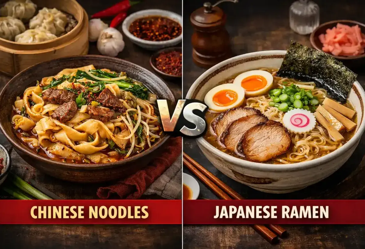 Chinese noodle making beside traditional Japanese ramen preparation
