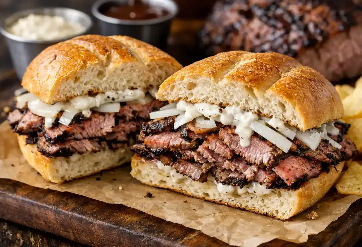 Sliced Baltimore Style Pit Beef sandwich with onions and horseradish on roll