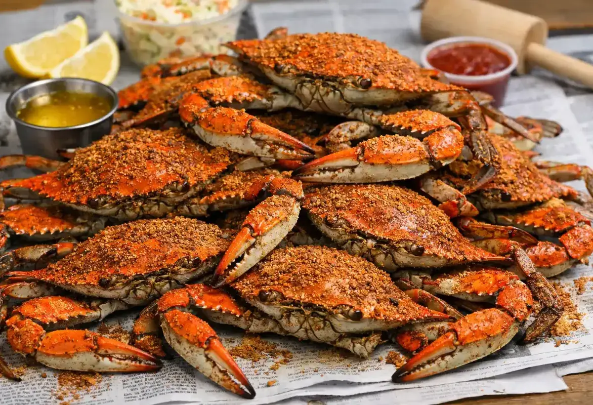 Steamed blue crabs covered in seasoning on a newspaper lined table