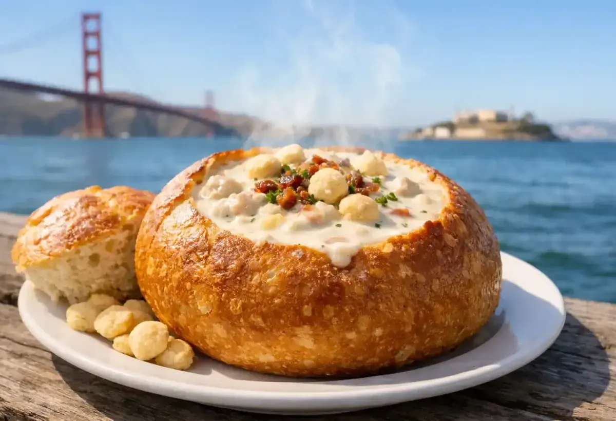 San Francisco sourdough bread bowl filled with creamy clam chowder