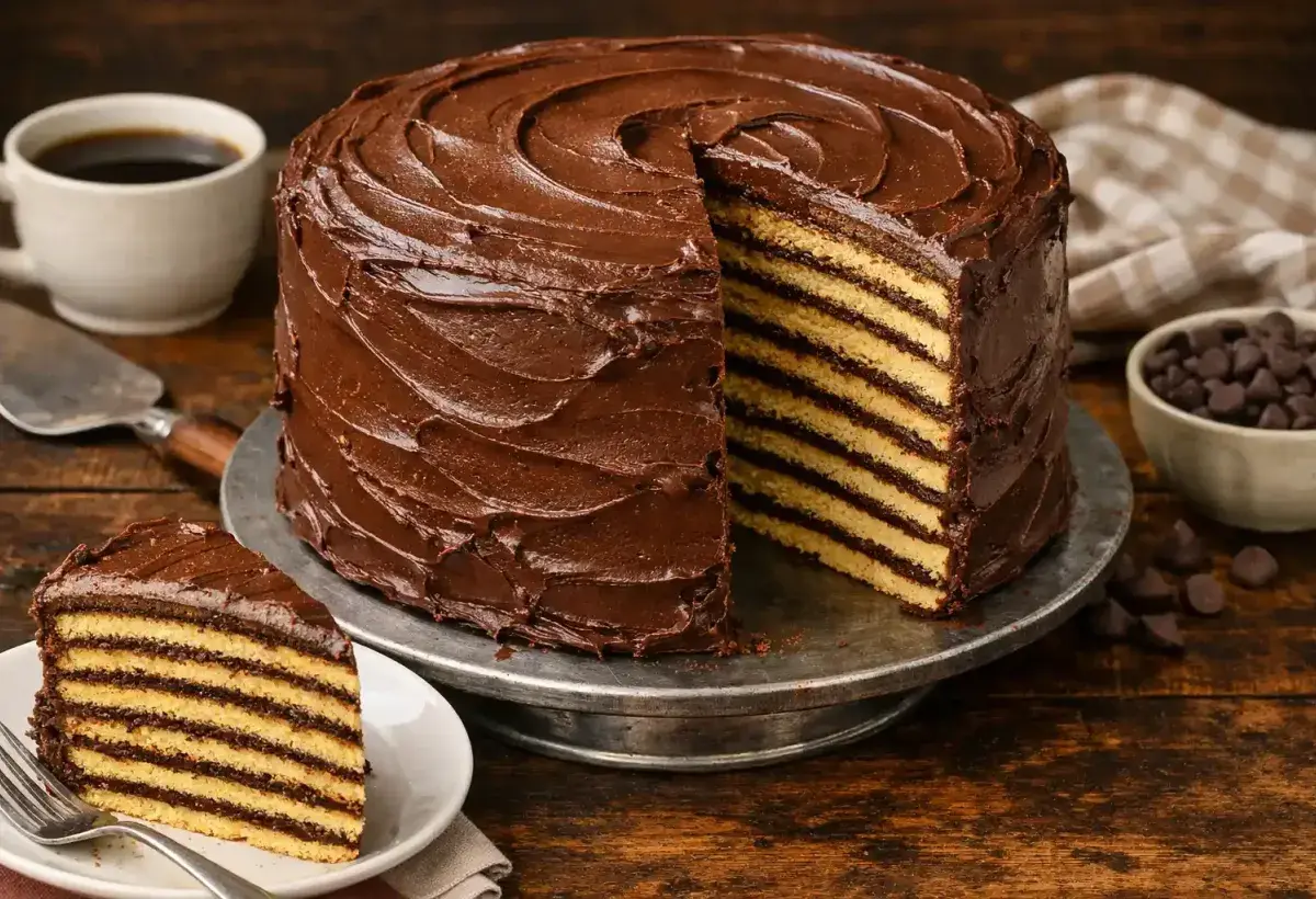 Tall layered Smith Island cake with chocolate frosting