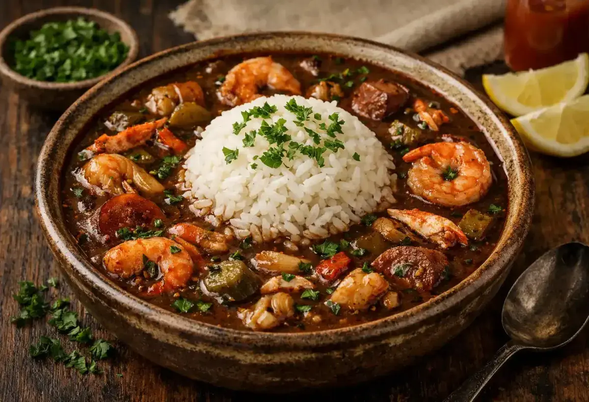Traditional Louisiana seafood gumbo served with white rice