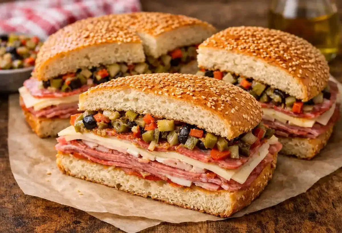  Traditional New Orleans muffuletta sandwich with olive salad